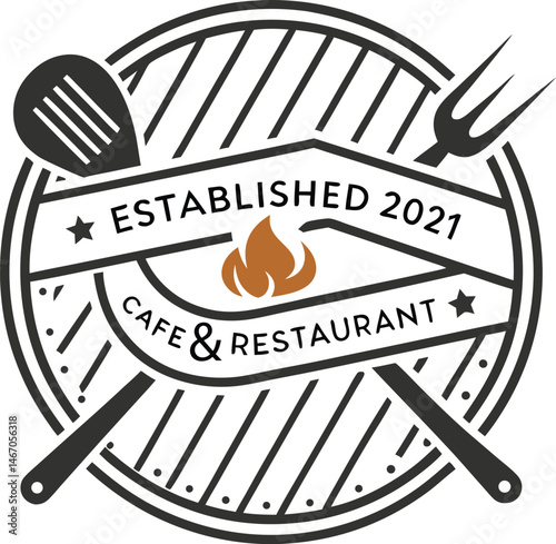 Restaurant logo design, hot grill restaurant, flame icon, grill grate, spatula and fork utensils