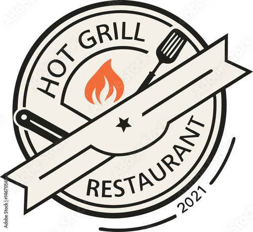 Restaurant logo design, hot grill restaurant, flame icon, grill grate, spatula and fork utensils