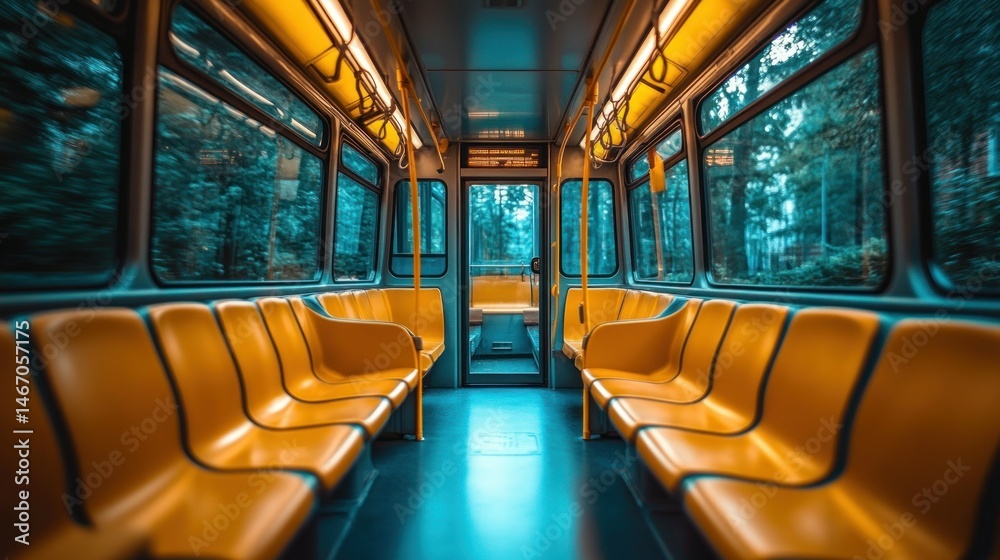 Fototapeta premium Empty urban transit interior, empty seats, city view, daytime