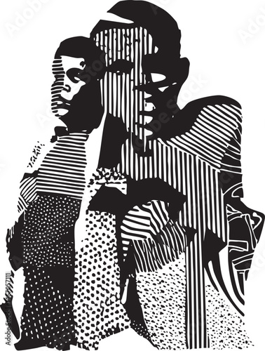 A man embraces a woman in a close stylized portrait.