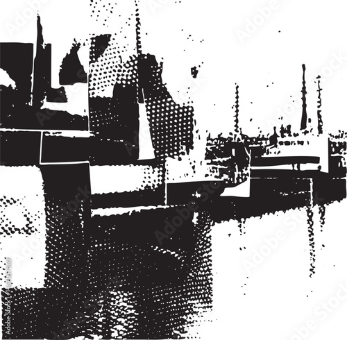 Abstract black and white cityscape forms rise against a textured background.