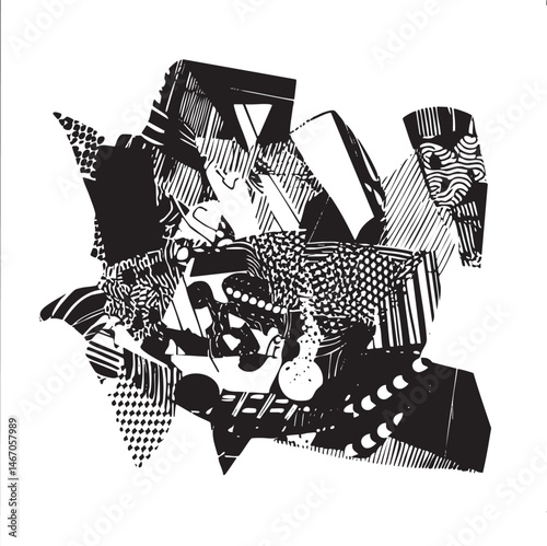A dynamic assemblage of geometric shapes and in stark black and white.
