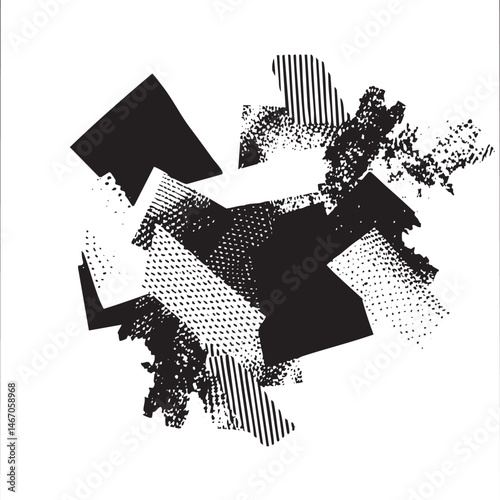 Abstract black shapes overlap and intersect on a white background.