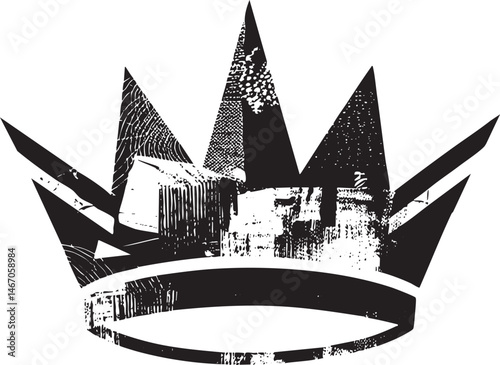 A stark black and white crown overlays an abstract cityscape.