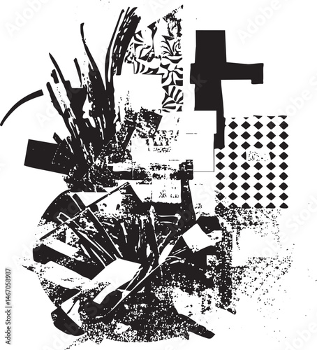 Abstract geometric shapes collide in a dynamic textured composition.