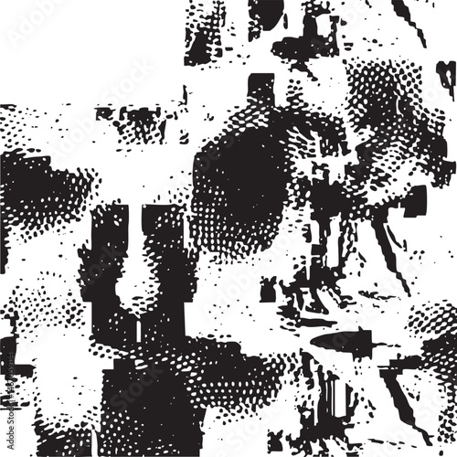 Abstract figures emerge from a textured fragmented black and white composition.