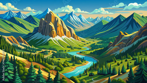 
Aerial view of Colorado Rocky Mountains, Brush Creek Trail, wildflower meadows. The vast majesty of the Rockies unfolds beneath a clear blue sky, their rugged peaks carved by time and towering over a