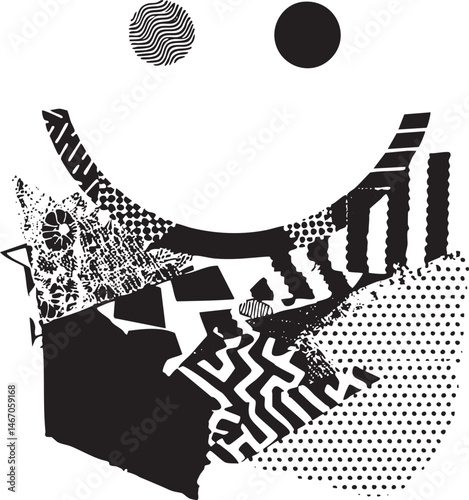 Abstract geometric shapes overlap and interact in a dynamic composition.