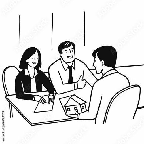 Bank manager offers excellent option and gives thumbs up talking to happy clients in consultation meeting. Real estate agent helping young couple make good choice and find house at reasonable price