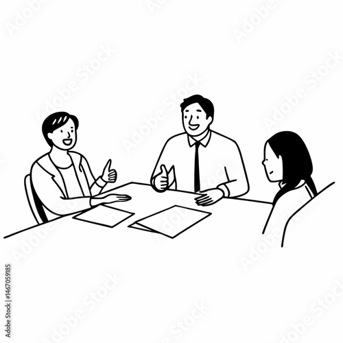 Bank manager offers excellent option and gives thumbs up talking to happy clients in consultation meeting. Real estate agent helping young couple make good choice and find house at reasonable price