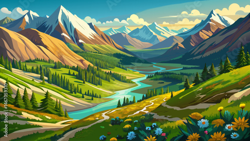 
Aerial view of Colorado Rocky Mountains, Brush Creek Trail, wildflower meadows. The vast majesty of the Rockies unfolds beneath a clear blue sky, their rugged peaks carved by time and towering over a