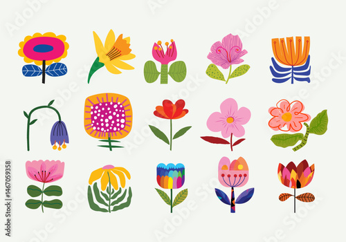 Spring colorful flowers and plants, floral wildflower, branch hand drawn vector illustration. Beautiful blossom for decor, easter, banner and prints.