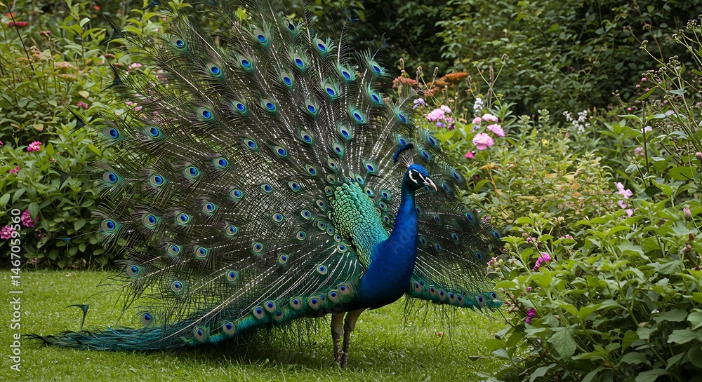 Obraz premium Peacocks iridescent plumage in lush garden setting