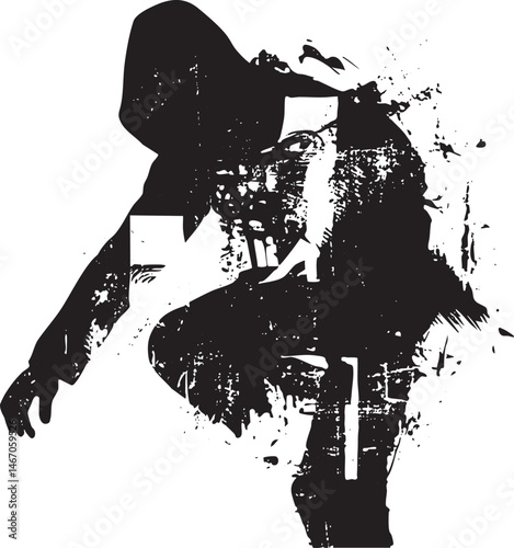 A silhouetted figure leans forward gazing intensely into the distance.
