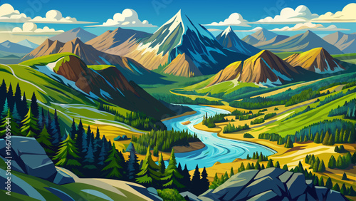 
Aerial view of Colorado Rocky Mountains, Brush Creek Trail, wildflower meadows. The vast majesty of the Rockies unfolds beneath a clear blue sky, their rugged peaks carved by time and towering over a
