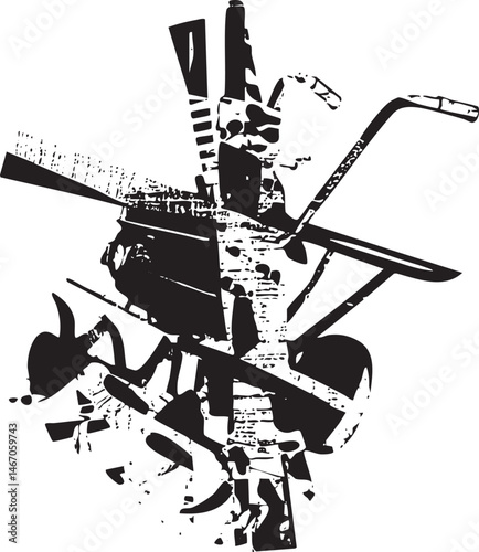 A lone hockey stick lies amidst scattered equipment on a white background.