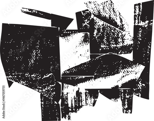 Geometric shapes overlap and intersect in a stark black and white composition.