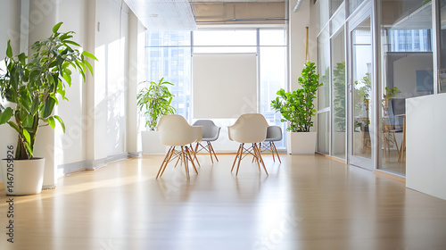 A large open room with white walls and wooden floors