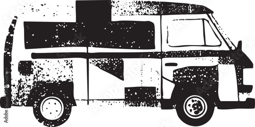 A weathered white van rests on a rough road.