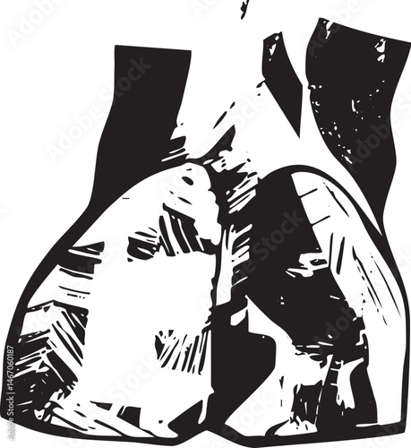 A stylized grayscale depicts a large rounded figure embracing a smaller similarly shaped form.