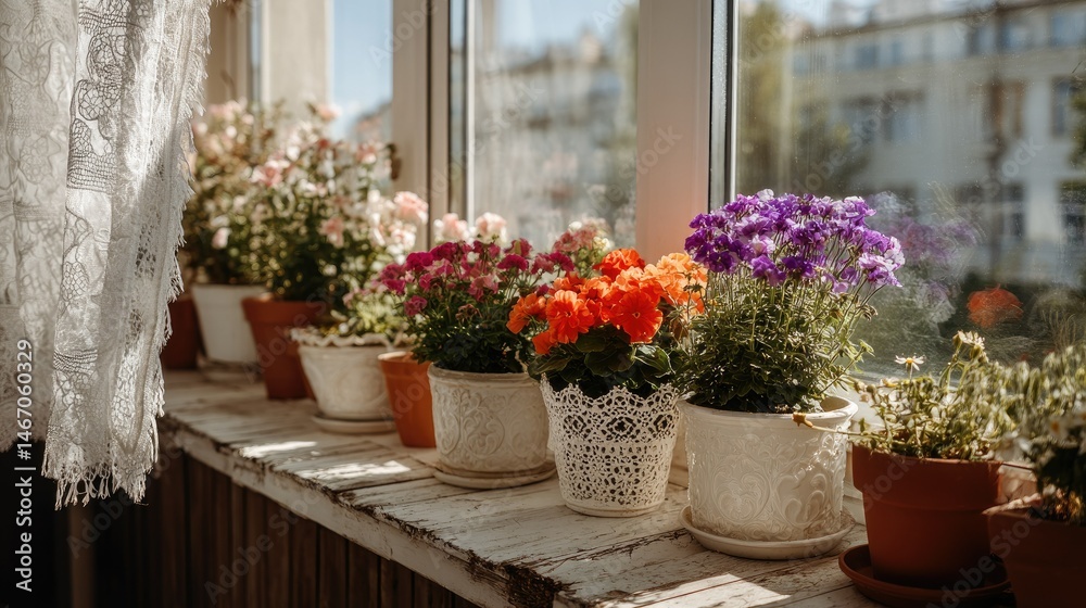 Fototapeta premium Narrow balcony with flower pots in various colors in front of a window with lace curtains, romantic vintage aesthetic