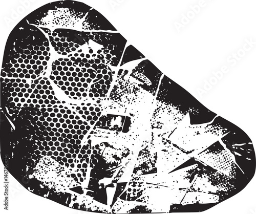 A fragmented textured shape dominates a stark white background.