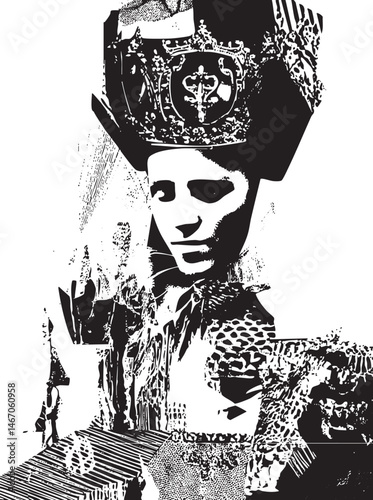 A regal figure with a dramatic headdress gazes intensely at the viewer.
