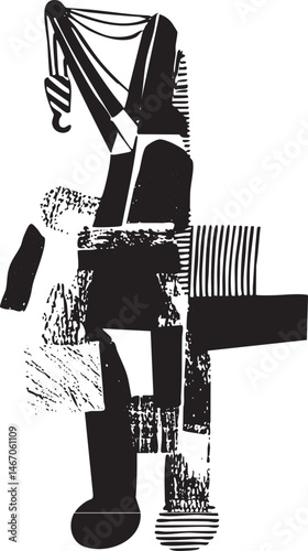 A stylized monochrome figure stands with an extended arm holding a hook.