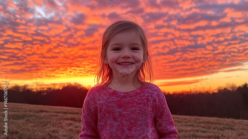 A young girl is smiling at the camera in front of a beautiful sunset