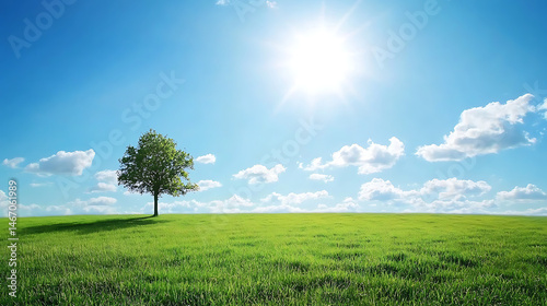 A tree is standing in a field with a bright blue sky above it