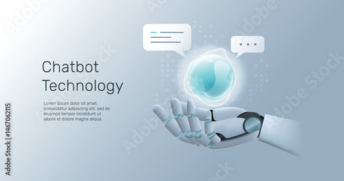 Chatbot abstract icon in humanoid hand, Personal assistant and voice recognition concept gradient, Artificial Intelligence (AI) technology innovation background.