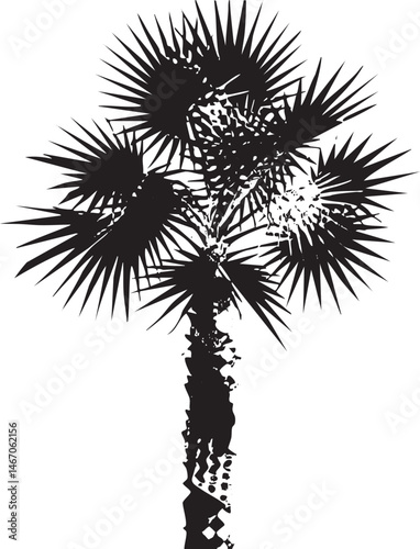 A solitary palm tree stands tall against a stark white background.