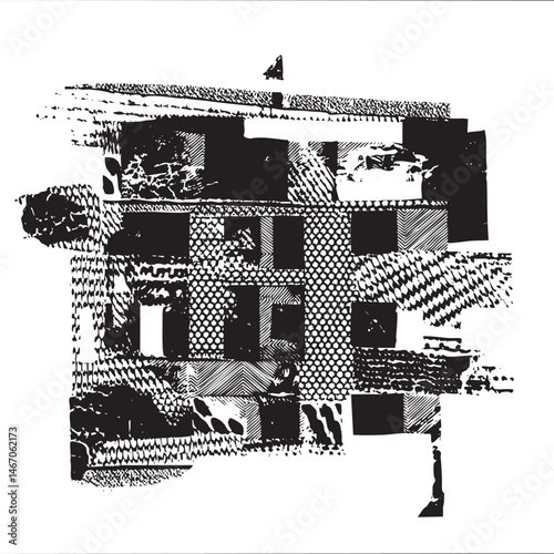 A layered black and white collage depicts a stylized building amidst fragmented geometric shapes.