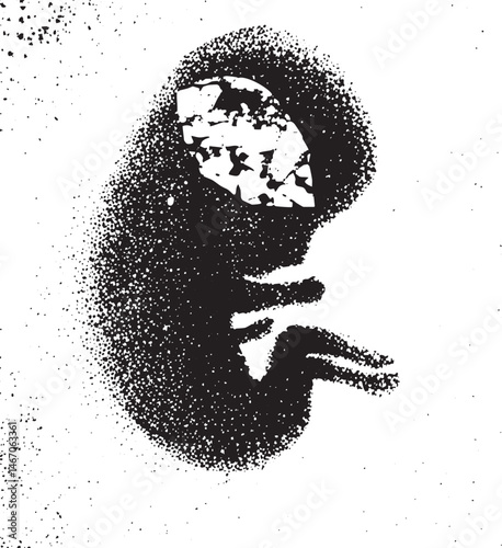 A dark fragmented silhouette appears against a textured background of speckled white.