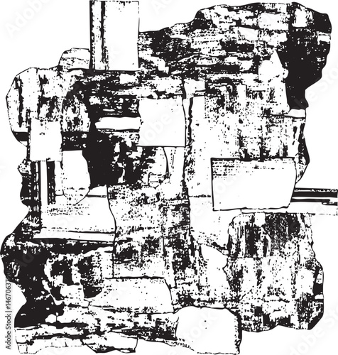 A fragmented geometric structure composed of angular blocks.