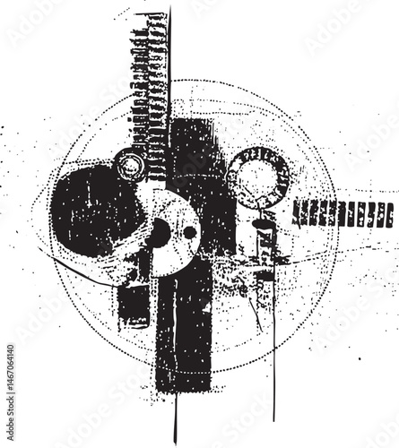 A stark black and white abstract composition features intersecting geometric shapes arranged within circular frames.