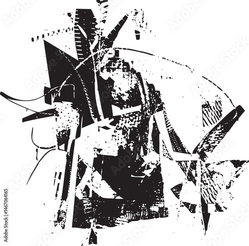 A solitary figure stands amidst fragmented geometric shapes.