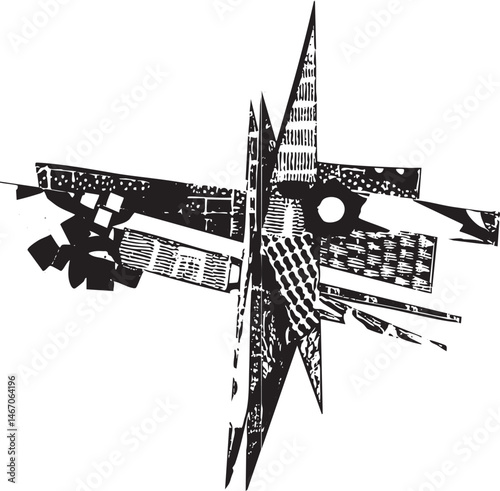 A stylized geometric star shape is constructed from a collection of interlocking rectangular and square elements.
