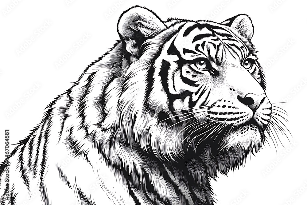 Detailed black and white illustration of a majestic tiger looking towards the right side Detailed black and white illustration of a majestic tiger looking towards the right side