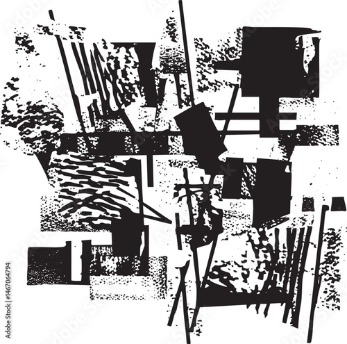 Fragmented black and white shapes create a dynamic abstract composition.