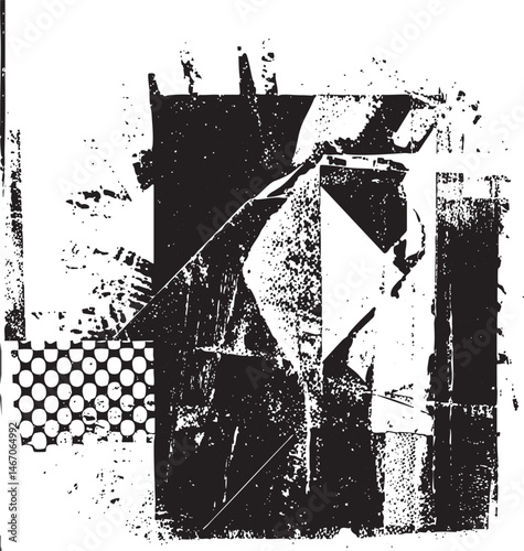 Abstract geometric shapes overlap and blend in a grayscale composition.