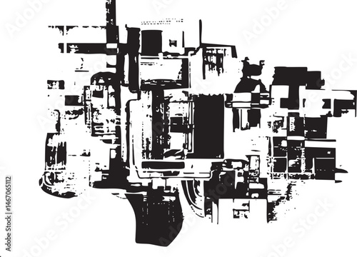 Abstract black and white of a complex fragmented building.