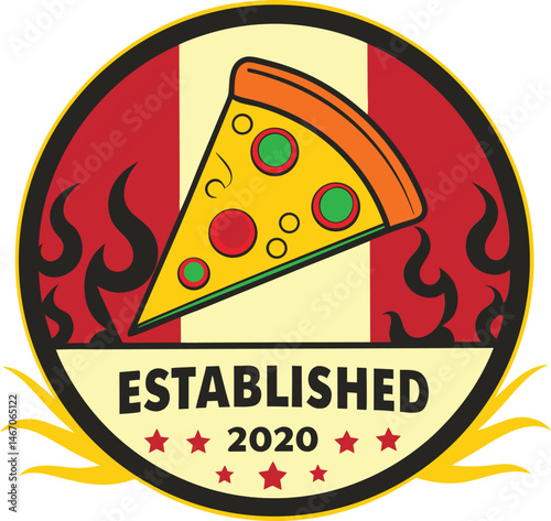 Retro Pizza Emblem with Flames and Red Text on Round Green, Red, Yellow Design