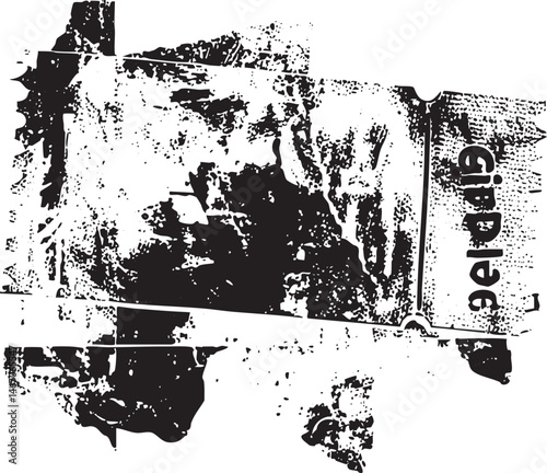 A distressed textured element displays a fragmented word.