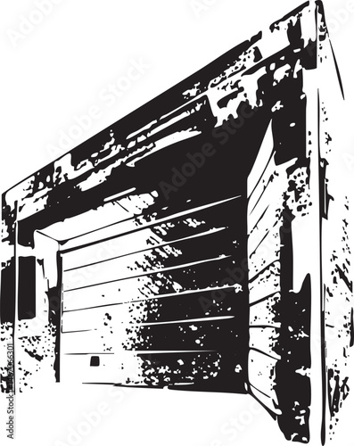 A weathered wooden door stands slightly ajar revealing an interior space.