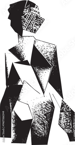 A minimalist black and white figure stands in a geometric pose suggesting contemplation.