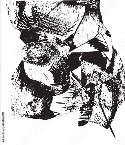 Fragmented figures emerge from a textured abstract composition.