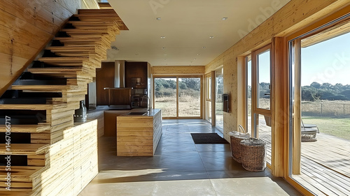 Contemporary home interior with wooden staircase  kitchen island  and scenic view