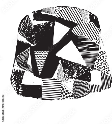 A fragmented abstract geometric shape composed of black and white lines.