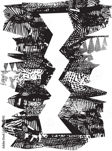 Two faces are intricately interwoven within a vertical abstract form.